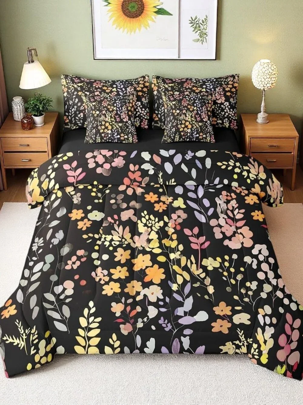 7 Piece Boho Yellow Floral Twin Bedding Set for Kids Girls Women,Colorful Flower